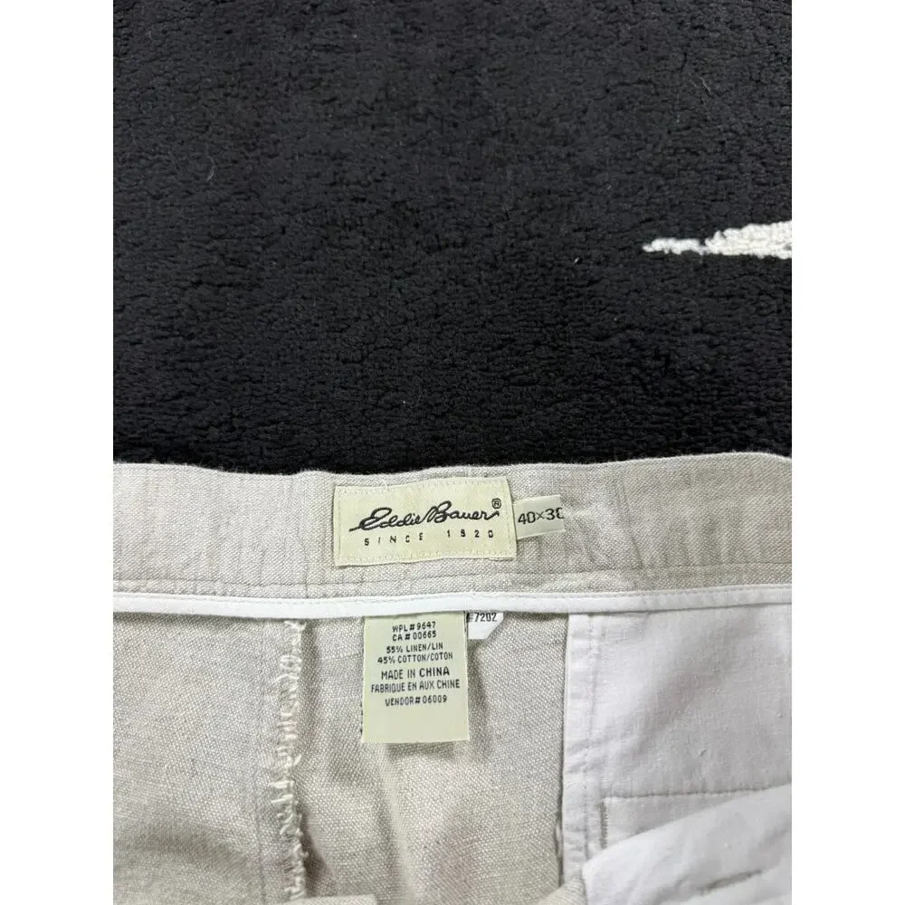 VINTAGE Eddie Bauer Pants Mens 40x30 Cream Linen Blend Beach Pleated Cuffed